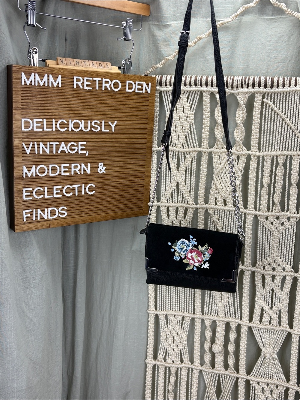 White House Black Market Black Crossbody Bag with Black Suede, Floral Embroidery